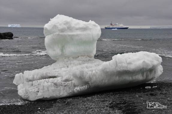 Bloco de gelo repousa na praia de Brown Bluff, na Antártida, enquanto o Sea Spirit nos aguarda ao fundo
